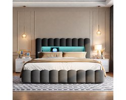 Opbergbed 180x200 cm Grijs Stof – Tweepersoons Hydraulisch Bed met LED Hoofdbord & USB