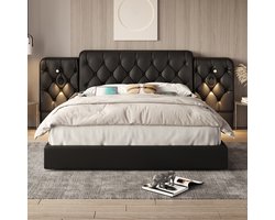 Opbergbed 180x200 cm Zwart PU-leer - XXL Hoofdbord met Leeslampjes & USB - Hydraulisch Bed met Opbergruimte