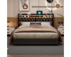 Opbergbed 180x200 met LED & USB – Zwart PU Tweepersoonsbed met Gaslift Opbergruimte