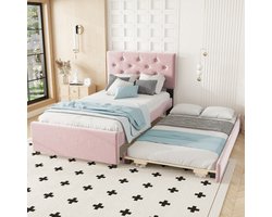 Opbergbed, 90x200 cm, bed met lattenbodem (zonder matras), bed met rolcontainer, fluweel, minimalistisch, roze