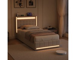 Opbergbed 90x200 cm Beige Linnen - Eenpersoonsbed met Hydraulische Opbergruimte, USB-Laadstation en LED-verlichting