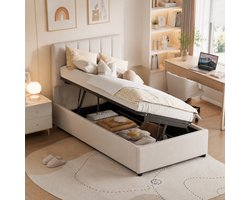 Opbergbed 90x200 cm, eenpersoonsbed met hydraulische opbergruimte, kinderbed met gestoffeerd hoofdeinde, lattenbodem, fluweel, Beige