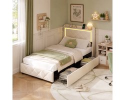 Opbergbed 90x200 cm, gestoffeerd bed met ledverlichting en USB-poort, eenpersoonsbed met twee lades, hoofdbord met opbergruimte, bedframe met stroken, fluweel, Beige