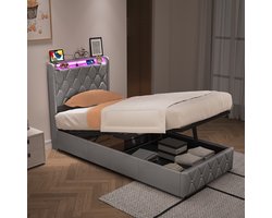 Opbergbed 90x200 cm met lattenbodem, led- en usb-aansluiting, gestoffeerd Eenpersoonsbed met hydraulische opbergruimte, gecapitonneerd 2-zitsbedframe met hoofdbord en open planken (Flanel Grijs)