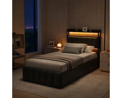 Opbergbed 90x200 cm met LED Verlichting – Kunstleren Bed met Hoofdbord en Opbergvak – USB & Type-C Oplaadpoorten – Ruim Bed met Opbergruimte voor de Slaapkamer