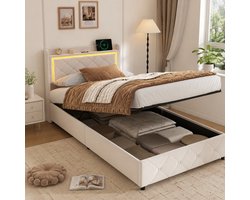 Opbergbed 90x200 cm, met ledverlichting en USB-poort, gestoffeerd frame, opbergruimte en hoofdbord, eenpersoonsbed, lattenbodem, kinderbed, Fluweel, Beige