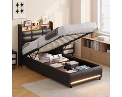 Opbergbed 90x200 cm Zwart PU-leer - Eenpersoonsbed met Hydraulische Opbergruimte, Opberghoofdbord, USB-poorten en LED-verlichting