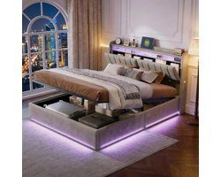 Opbergbed Boxspring - Tweepersoonsbed - Ruimte Besparen - Hydraulisch Hefmechanisme - 140x200 cm - Grijs