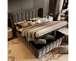 Opbergbed - Gestoffeerd Bed 180x200 Met Hydraulische Opbergruimte Linnen Grijs