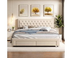 Opbergbed – Gestoffeerd Bed – Boxspringbed – Ladebed – Tweepersoonsbed – Beige 160 × 200 cm – Velours Bekleding – Ruime Opberglades met Wieltjes