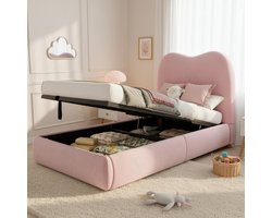 Opbergbed Kinderbed 90x200 - Boxspring Roze Velvet Met Hydraulisch Bed En Hoofdbord