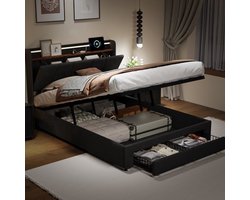 Opbergbed Linnen Tweepersoonsbed - Modern Hydraulisch Bed Met Lades - LED Verlichting - USB Station - Zonder Matras