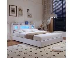 Opbergbed met gaslift 140x200 cm – Tweepersoonsbed – Wit PU-leer – Met hoofdbordverlichting, opbergruimte, USB & Type-C