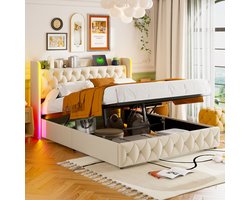 Opbergbed met gaslift 160x200 cm – Tweepersoonsbed – Beige fluweel – Met LED-verlichting, USB & Type-C – Bedframe met opbergruimte
