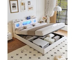 Opbergbed met gaslift 160x200 cm – Tweepersoonsbed – Wit PU-leer – Met hoofdbordverlichting, opbergruimte, USB & Type-C
