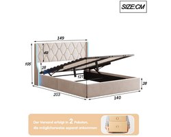 Opbergbed Tweepersoons – Stalen Bedframe – Fluwelen Bed – Opbergkast Bed – Led Verlichting Bed – 140x190 cm – USB Oplaadpoorten – Gasdrukveer Opbergruimte