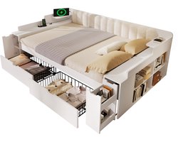 Opbergbedbank 140 x 200 cm - 2 lades, boekentrolley en sherpa rugleuning - totale afmetingen 241 x 144 x 73,5 cm (L x B x H) - Wit