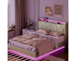 Opbergbod 160x200 cm – Hydraulisch Bed met LED Verlichting & USB Oplader, Fluweel Wit