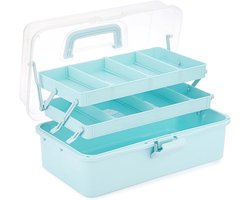 Opbergbox 33 cm met 3 Lagen en 2 Uittrekbare Trays - Blauwe Kunststof Organizer met Compartimenten - Gereedschapskist - Medicijnbox - Naaidoos - Opbergdoos voor Knutselspullen & Haaraccessoires