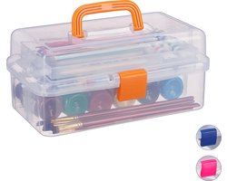 opbergbox - 9 vakjes - naaikoffer - gereedschapskist - knutselspullen - 14x33x19,5 cm - transparant-oranje