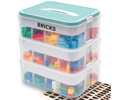 Opbergbox met Bouwplaat geschikt voor LEGO - 3 Lagen - Verstelbare Vakjes - Inclusief Stickers - Stapelbare Speelgoed Opbergdoos - Sorteerdoos Bouwstenen - Organizer - Speelgoed Opberger - Hobbybox - met Handvat