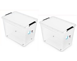 Opbergbox met deksel -opbergdoos - Opbergbox - Met wielen - Set van 2 - XL 80L met clips