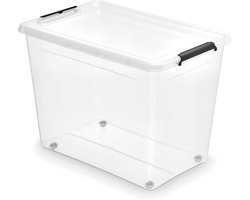 Opbergbox met Wielen - Kunststof Kist - Ruimte Organiseren - Eenvoudige Clipsluiting - 80 Liter - Transparant
