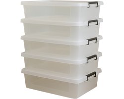 Opbergbox – Opbergdoos – Clipbox – Opbergbox met deksel – Set van 5 stuks – 12 Liter – Transparant – Stapelbaar – Met handvaten – 39x28x16