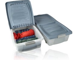 Opbergbox Set van 2 -Onderbedbox 32L - Opbergbox met Wieltjes - Transparant Blauw - 79x39x17 cm - Handdoeken, Keukenspullen en Slaapkamer- OP-320