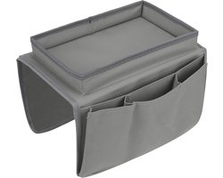 Opbergbox voor armleuningen van de bank - Met bekerhouder - Opbergrek voor de bank - Geschikt voor het opbergen van mobiele telefoons, tablets, tijdschriften, boeken, brillen en kabels - Geschikt voor fauteuils van de bank - Met vijf zakken - Grijs