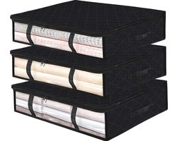 Opbergbox voor onder het bed, opbergzak voor onder het bed met venster en handvat, 59x45x15cm 3 stuks, dikke, opvouwbare non-woven stof, voor het opbergen van dekbedden, kussens, kleding, dekens (zwart)