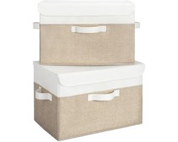 Opbergboxen met deksel, pak van 2 stoffen opbergdozen met deksels, opbergbakken met deksel, kledingkast organizer opbergen en organiseren, opvouwbare opbergdoos voor kleding - Wit&Kaki