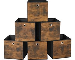 Opbergboxen Set Van 6 - Opvouwbare Stoffen Opbergmanden Met Handgreep - 30x30x30cm - Voor Kubusmeubels - Kleding En Speelgoed - Fleece En Oxford Stof - Rustiek Bruin En Zwart