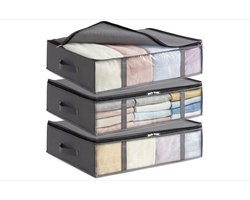 Opbergboxen voor Onder het Bed 3-pack, Opvouwbare Kledingopbergzakken met Doorzichtig Voorvenster, Kastorganizers en Opbergruimte voor Handdoeken, Kleding, Dekens, Grijs