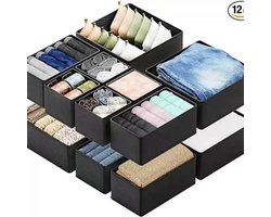 Opbergboxenset (12-delig) – Kledingverdelers – Lade-organisatiesysteem – Opvouwbare stoffen opbergbakken – Speciale organizers voor ondergoed & kledingkasten – Ideaal voor het opbergen van kleding, bh's, sokken, dassen, enz. – 42 x 12 x 10 cm