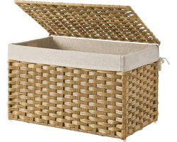 Opbergdoos en wasmand 65 L met deksel en handgrepen - decoratieve kist voor slaapkamer en wasruimte - natuurlijk RST56NL met katoenen zak