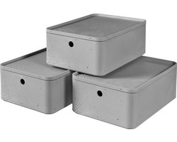 Opbergdoos M met deksel (8L), set van 3, kunststof, lichtgrijs (beton), medium