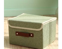 Opbergdoos met deksel, plastic vel, PU-leren handvat, decoratief opvouwbaar deksel van katoen en linnen, Home Cube Basket garderobekast - groen, klein