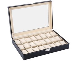 Opbergdoos met glazen deksel, horlogedoos, displaydozen met PU-leer en horlogekussen van fluweel, sieradendoosje voor halsketting, armband, 43 x 29 x 8,5 cm