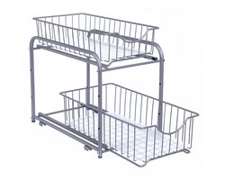 Opbergdoos opbergbak 21 x 36,5 x 31,5 cm zilver met uittrekbare lade stapelbaar ontwerp voor ruimtebesparing uittrekbaar voor gemak en praktisch gebruik stijlvol en strak uiterlijk stevig metalen frame geschikt voor keuken en badkamer