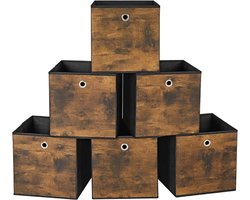 Opbergdoos - Opbergbox - Set van 6 - Bakken met Handvat - Cube Fleece en Oxford - Mand - 30x30x30cm - Geschikt voor Cube-Meubels - Opvouwbaar - Kleding - Rustiek bruin en Zwart