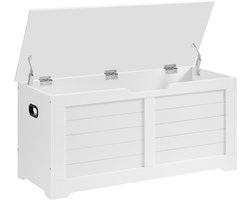 Opbergdoos, opbergpoef, zijkast, bijzettafel, schoenenkast, met 2 veilige scharnieren, handgrepen en grote verborgen opbergruimte, stevig en duurzaam houten frame, geschikt voor gang, woonkamer en slaapkamer, 40 x 100 x 46 cm, wit.