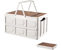 Opbergdoos - Opvouwbaar - met handvat en houten deksel - Ideaal voor opbergen, organiseren en vervoeren (35 liter) - 43,5 x 30 x 24 cm - Wit