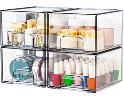 Opbergdoos Transparant Stapelbaar - Stofdichte Lade Organizer Met Vierkante Handgreep Voor Cosmetica En Sieraden - 4 Stuks Hoge Opbergkast Voor Bureau-Make up-Badkamer-Slaapkamer