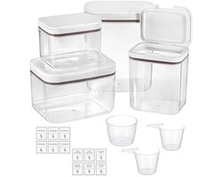 Opbergdoos van PET-kunststof, 4 stuks, voorraaddoos met maatbeker, organizer voor wasmiddel, wasparels, geurende parels, wasmiddel, meel, hondenvoer, kattenvoer, 5,5 l + 2,8 l + 2 l + 1,2 l