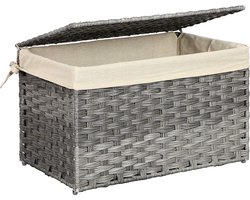 Opbergdoos Van Rieten - Opbergmand 60L - Wasmand Kist met Deksel Handvatten - Decoratieve en Katoenen Zak Rechthoekig Gevlochten Slaapkamer Wasruimte Grijs