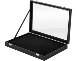 Opbergdoos voor 100 ringen - Deksel van helder glas - Zwart - Fluwelen voering ter bescherming van sieraden tegen krassen en schaafwonden - Bekijk snel de inhoud zonder te openen - Compact formaat, past op een ladekast, kledingkast of tafel