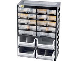 Opbergdoos voor kleine onderdelen - Zwart Geel - 16 laden, 4 dozen, 14 scheiders