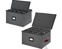 Opbergdoos voor wijnglazen, 2 stuks, bewegende glashouder voor wijnglazen, vouwdoos met scheidingswanden, glazen, opslag voor 24 kristalglaswerk, kristalglaswerk (44 x 33 x 25 cm, donkergrijs)