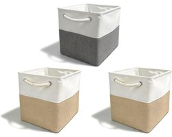 Opbergdozen 28 × 28 × 28 cm met 10 beschrijfbare etiketten, geschikt voor kleding, boeken of voorwerpen. (3 stuks, lichtbeige en grijs)